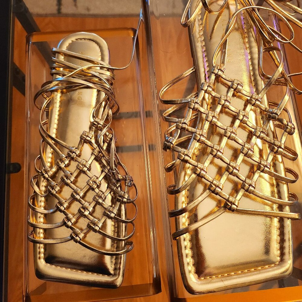Gold Lace-up Gladiator Flat Sandals